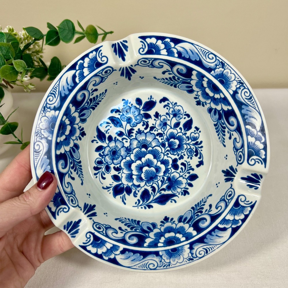 Vintage Delft Blue and White Floral Ashtray or Trinket Dish | Made In Holland